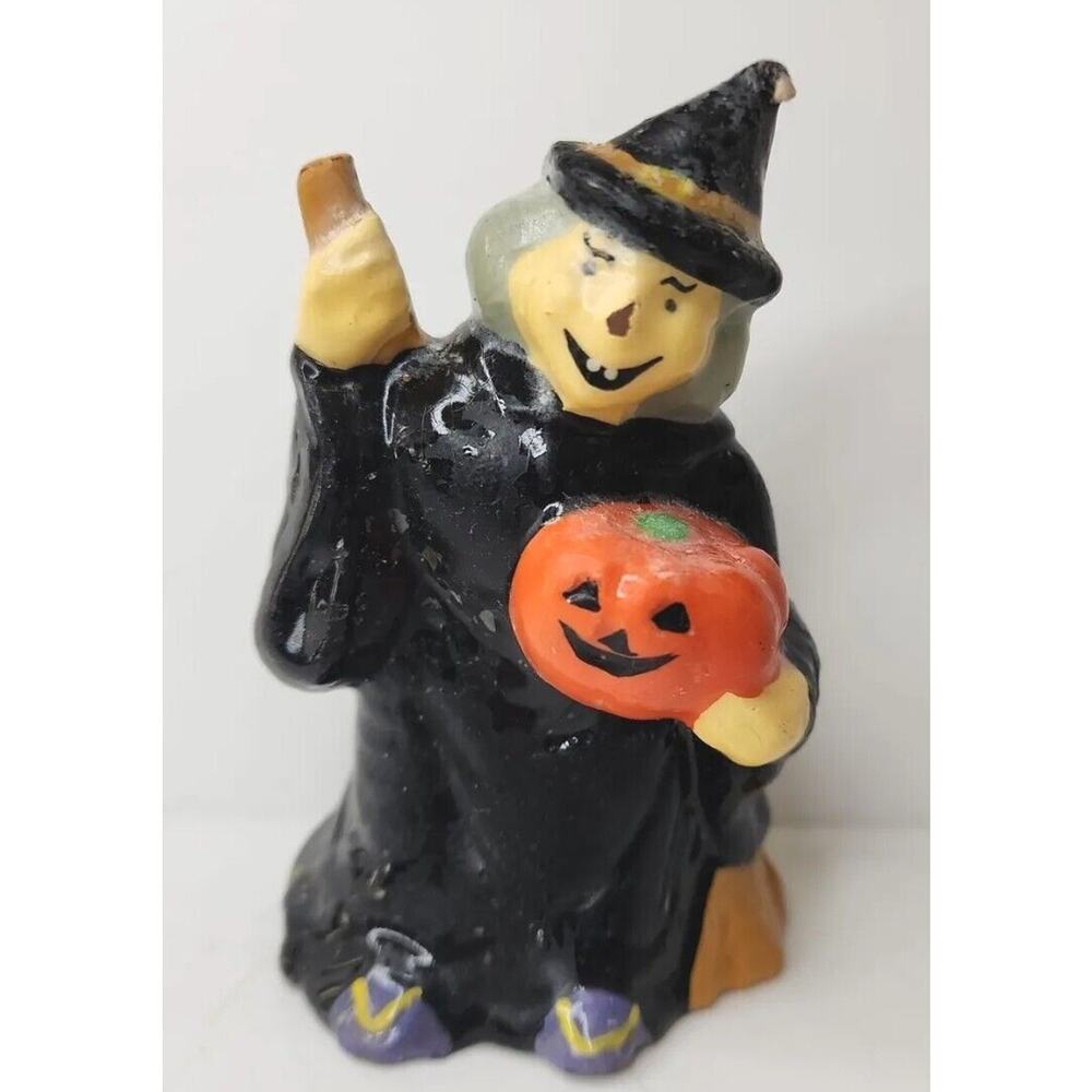 Vintage Creepy Face Witch & Pumpkin Candle 4" SKU H50